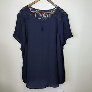 Torrid Abbey Navy Blue Georgette Keyhole Lace Blouse Career Office Plus Size 4X‎